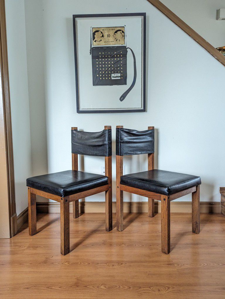 Vintage MCM Pair of Solid Oak & Black Faux Leather Sling Back Chairs $165 Each