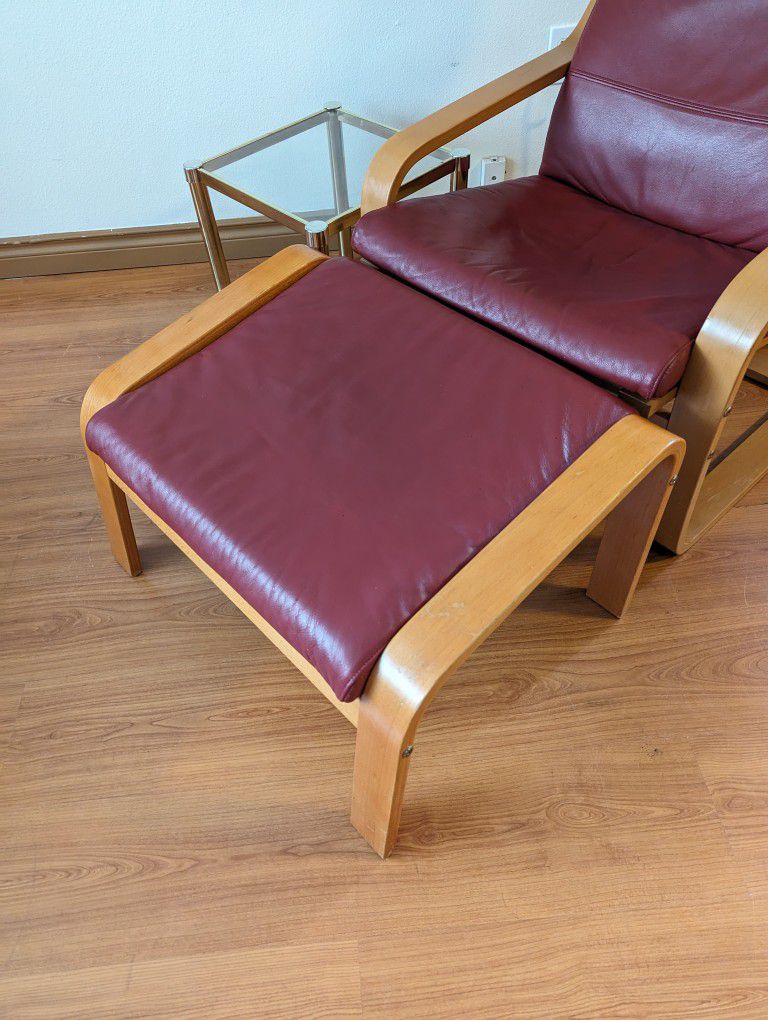 IKEA Poang Red Leather Bent Wood Lounge Chair & Ottoman