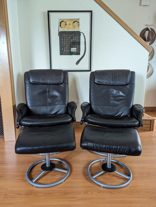 Pair of Ekornes Stressless Style Black Leather Lounge Chair & Ottoman Recliner Set by IKEA