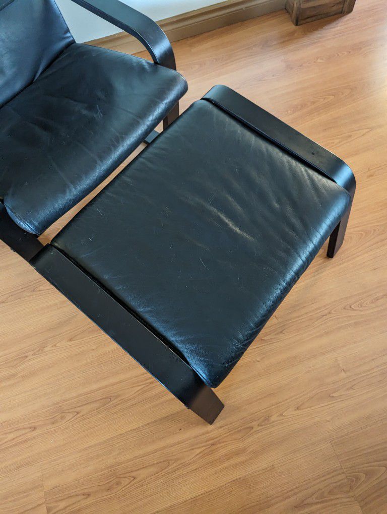 IKEA Poang Black On Black Leather & Bentwood Lounge Chair & Ottoman