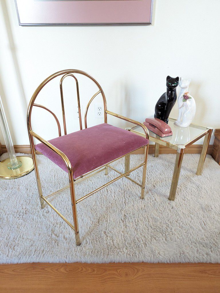 Art Deco Revival Brass Fan Back Vanity Chair w/ Dusty Rose Velvet Fabric