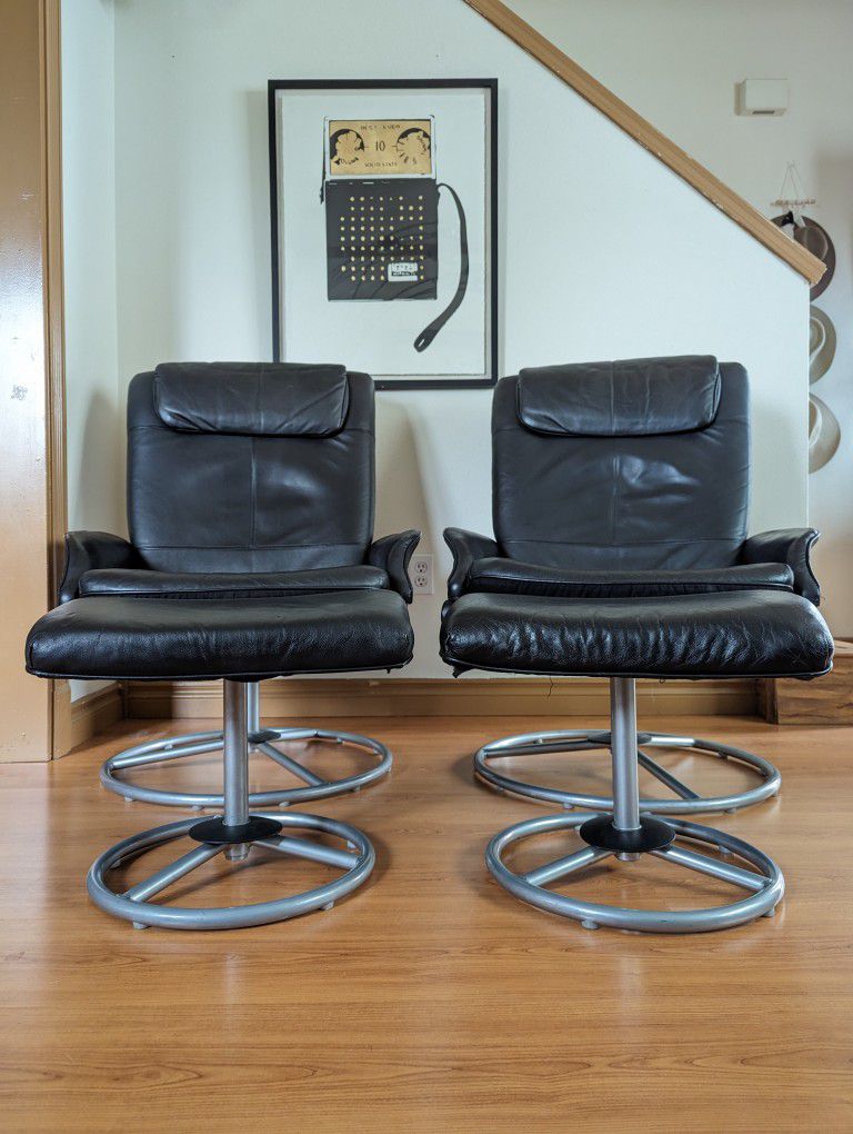 Pair of Ekornes Stressless Style Black Leather Lounge Chair & Ottoman Recliner Set by IKEA