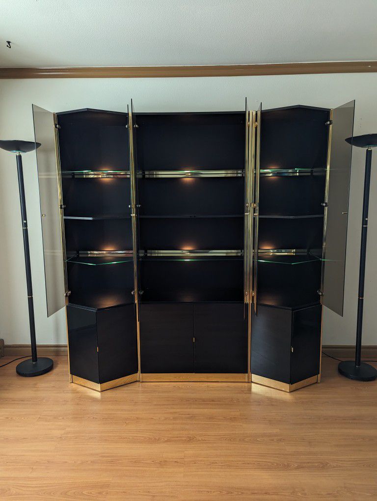 1980's Black Lacquered Laminate & Brass Postmodern Wall Unit by Mobilia