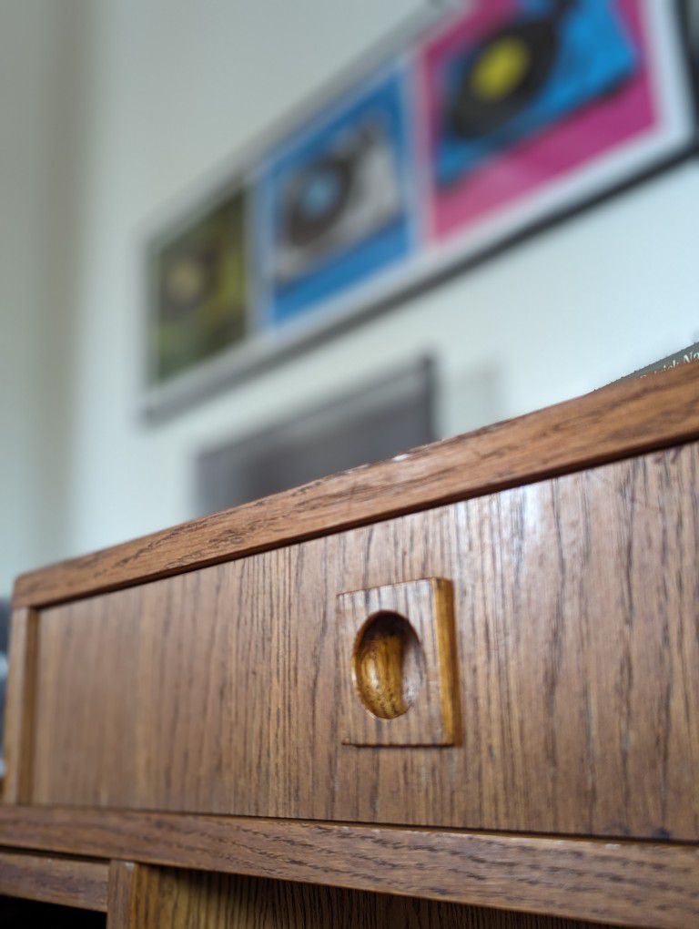 Modular Oak Record Player Stand & Storage Cabinet w/ Bookshelf