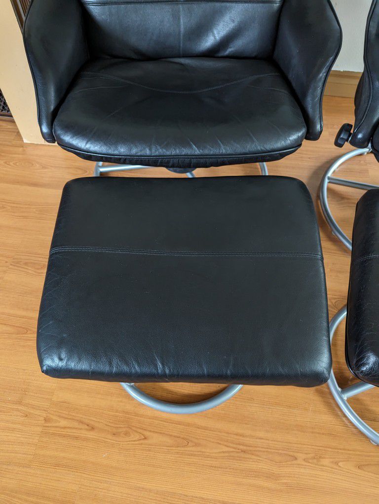 Pair of Ekornes Stressless Style Black Leather Lounge Chair & Ottoman Recliner Set by IKEA