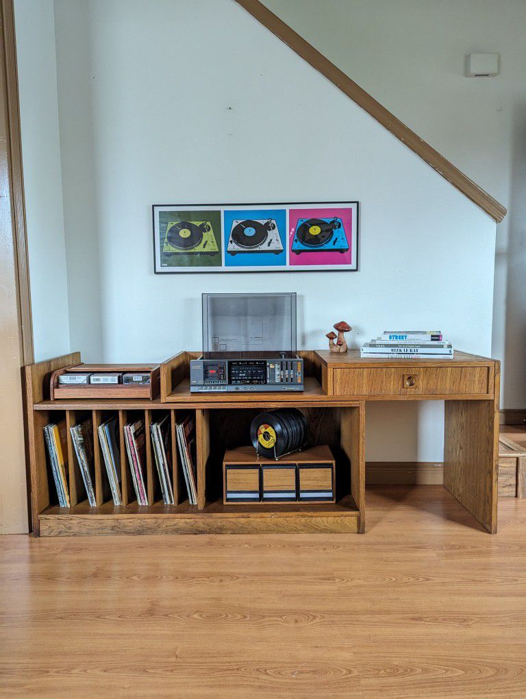 Modular Oak Record Player Stand & Storage Cabinet w/ Bookshelf