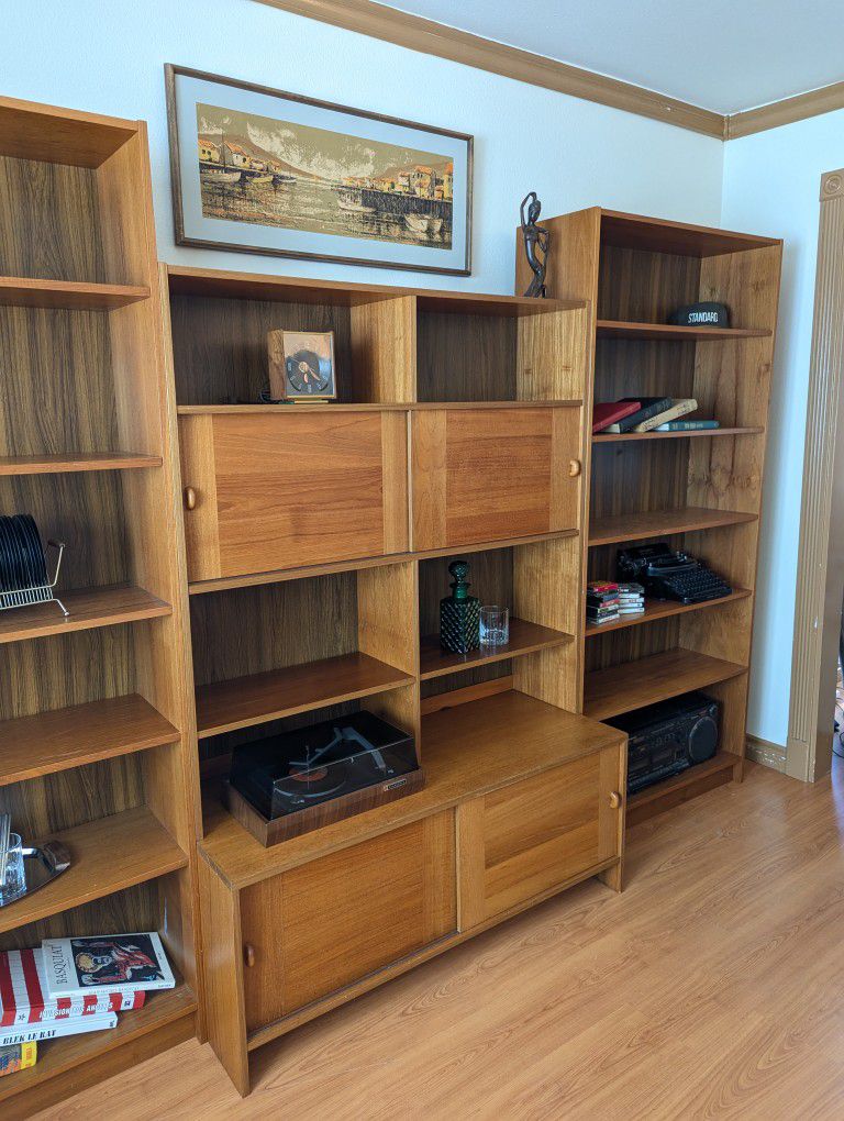 MCM Danish Modern Teak Wall Unit Domino Mobler Record Cabinet & Bookshelves