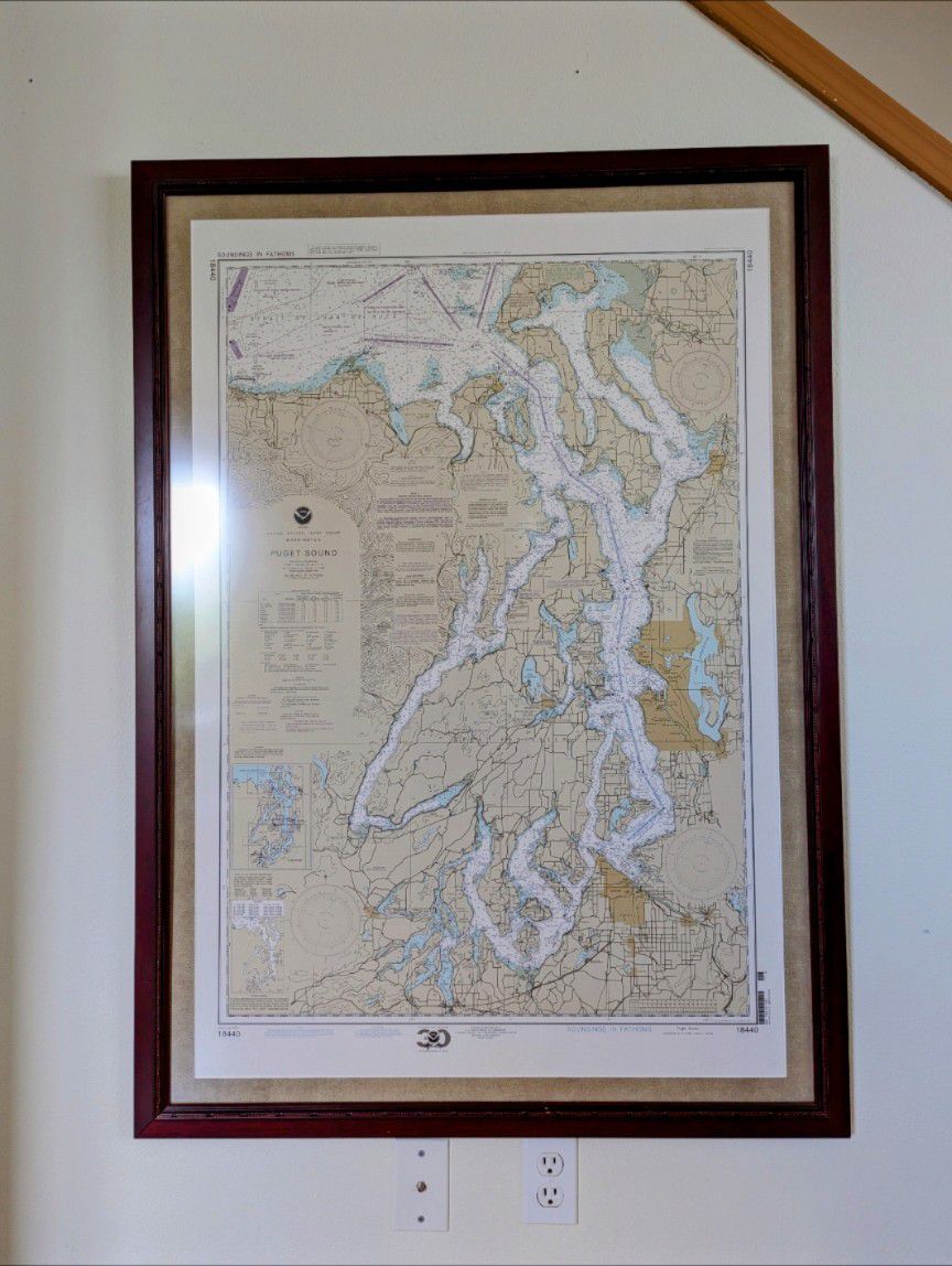 Large Framed Puget Sound Wall Art NOAA Chart Map