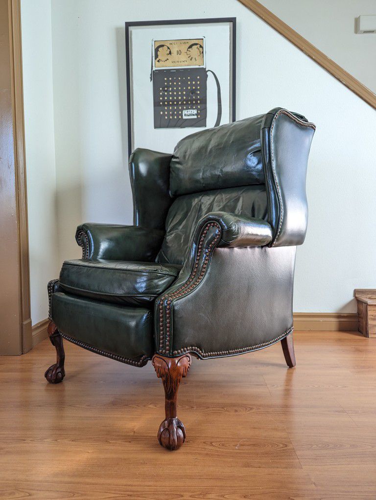 Beautiful Green Leather Presidential Wingback Recliner Barcalounger