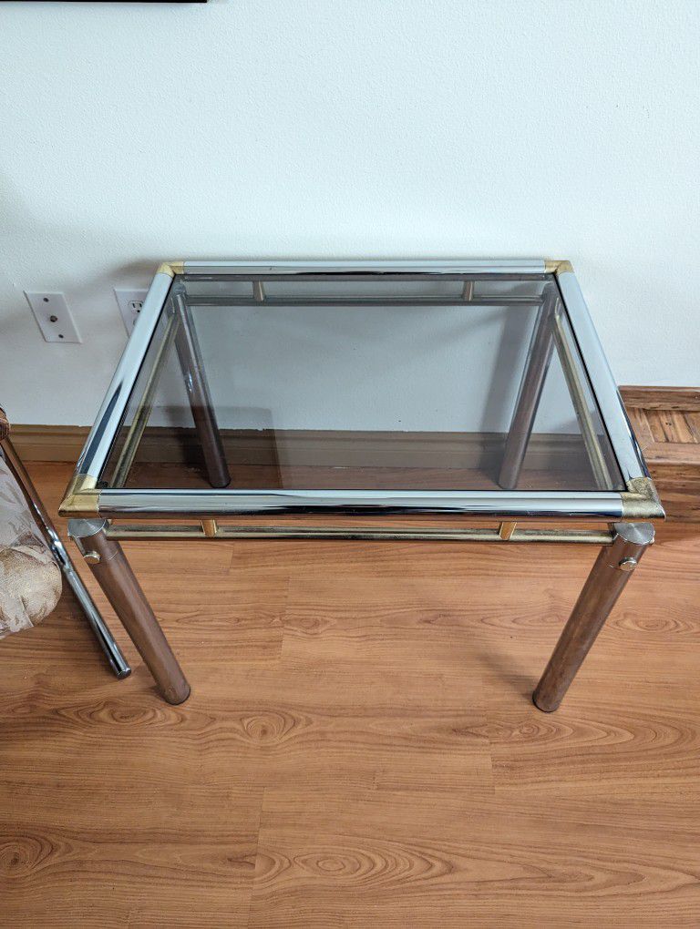 Vintage Milo Baughman Style Chrome, Brass & Smoked Glass End Table