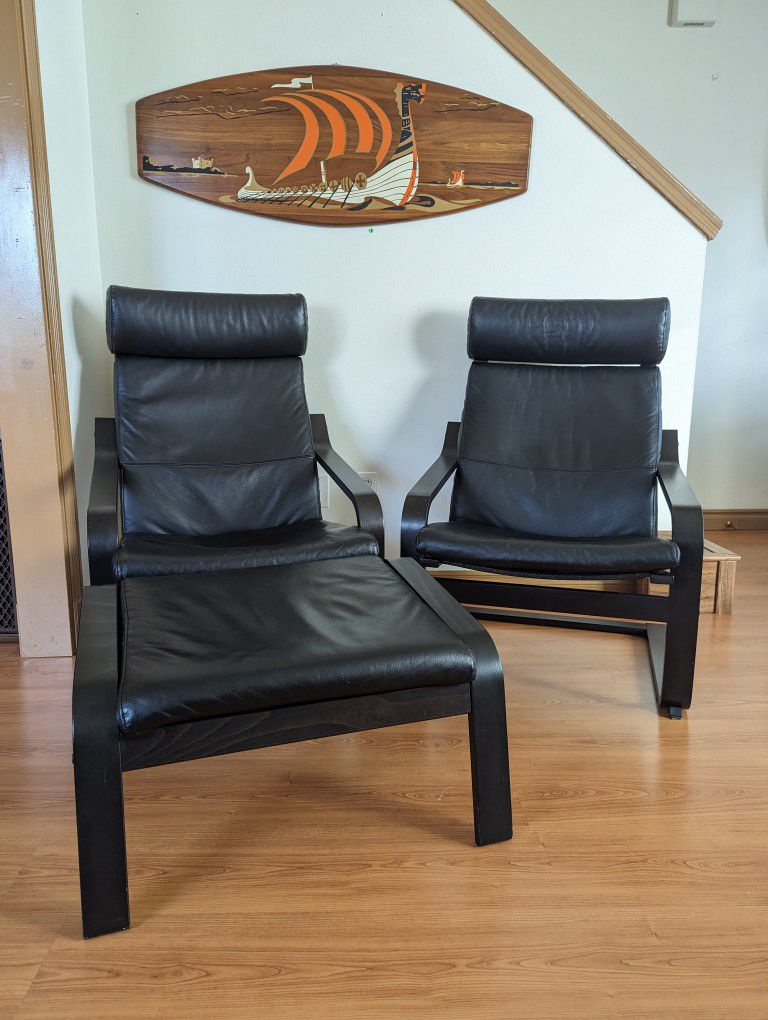 Pair of IKEA Poang Black On Black Leather & Bentwood Lounge Chairs & Ottoman