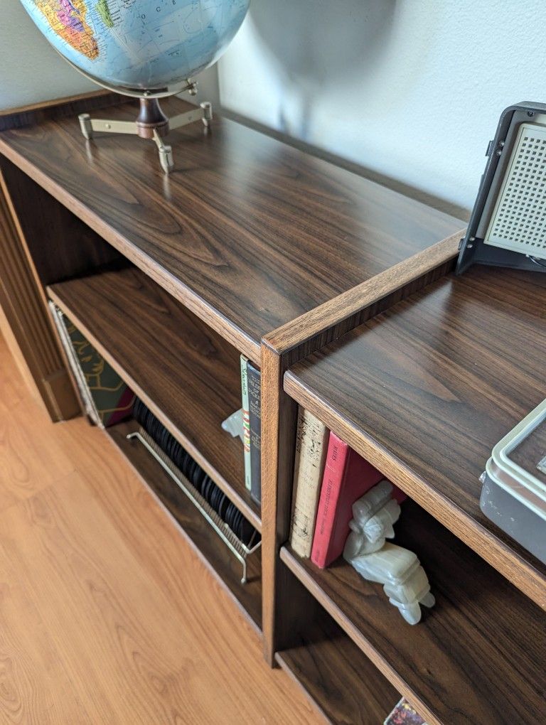 Mid Century Modern Walnut Double Bookshelf / Record Player Stand & Storage