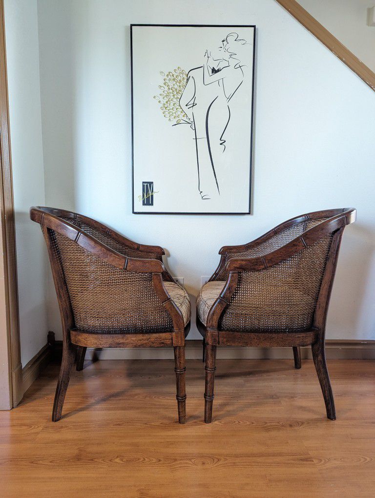 Vintage Pair of Mid Century Faux Bamboo Caned Back Hollywood Regency Chairs