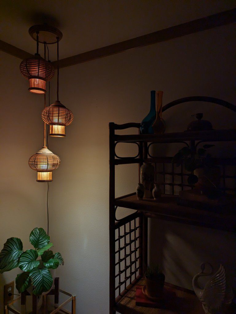 Vintage Boho Bamboo & Rattan 3 Lantern Lights Swag Lamp