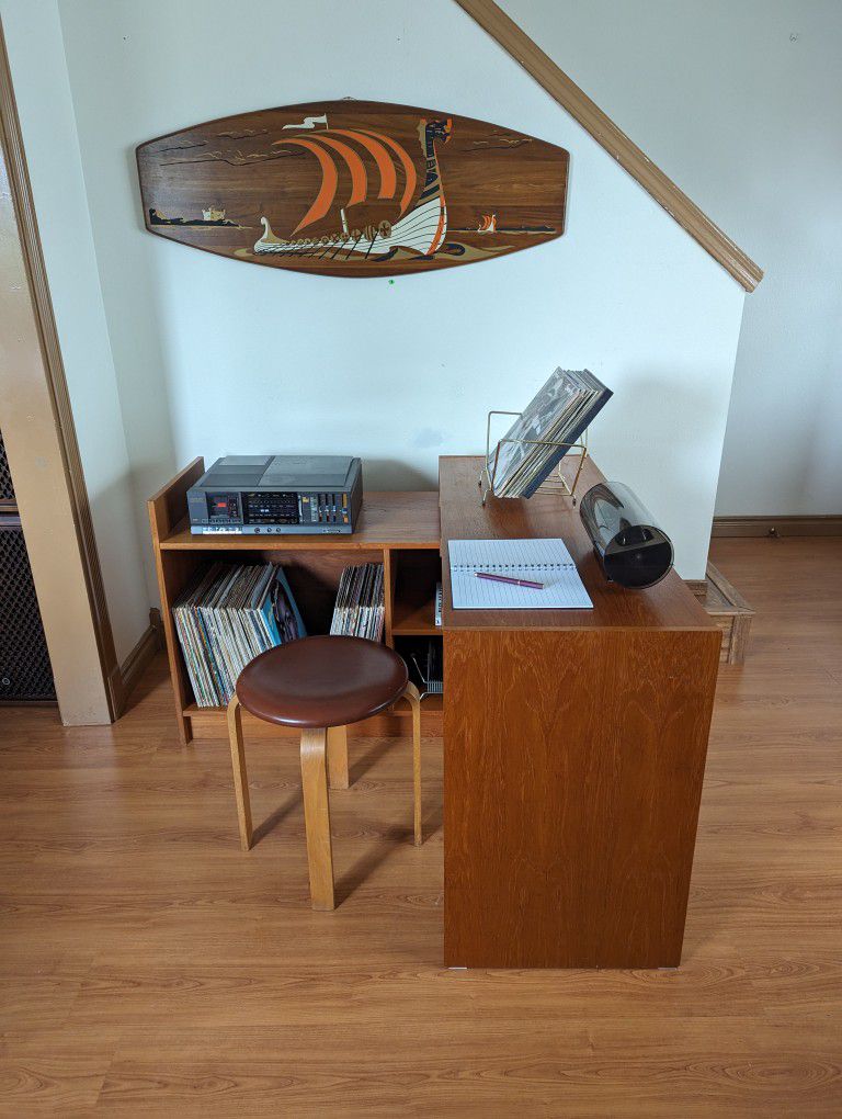 Vintage Mid Century Modern Danish Brown Leather Top Bentwood Stool