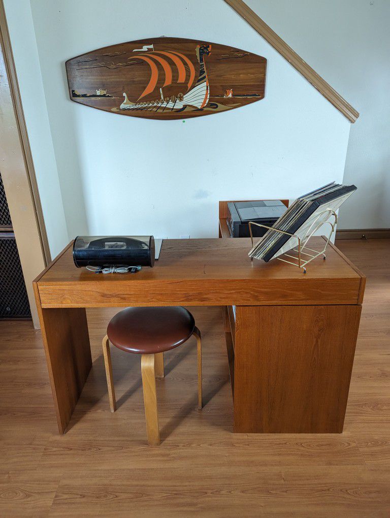 Vintage Mid Century Modern Danish Brown Leather Top Bentwood Stool