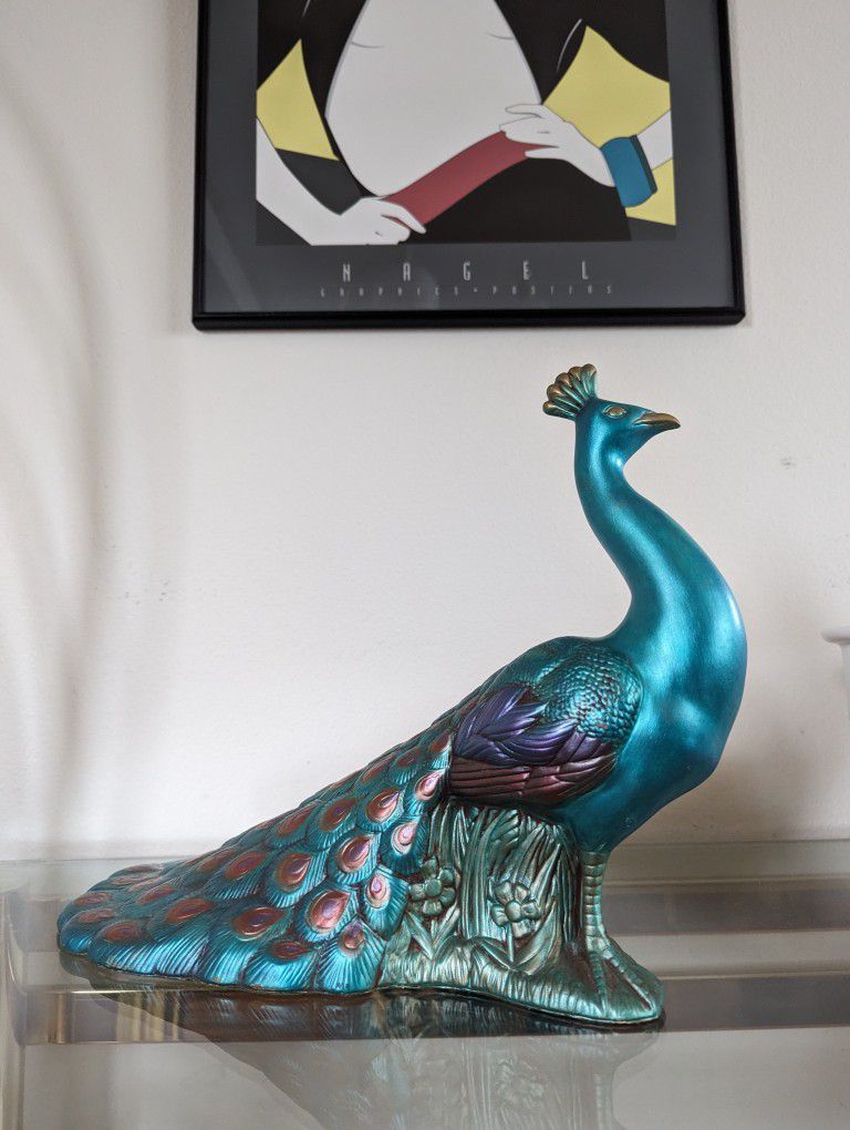 Mid Century Vintage Ceramic Teal / Turquoise Peacock Art Statue