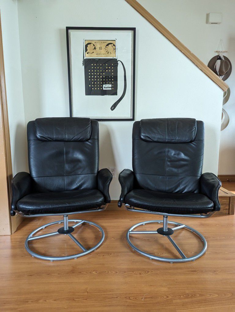 Pair of Ekornes Stressless Style Black Leather Lounge Chair & Ottoman Recliner Set by IKEA