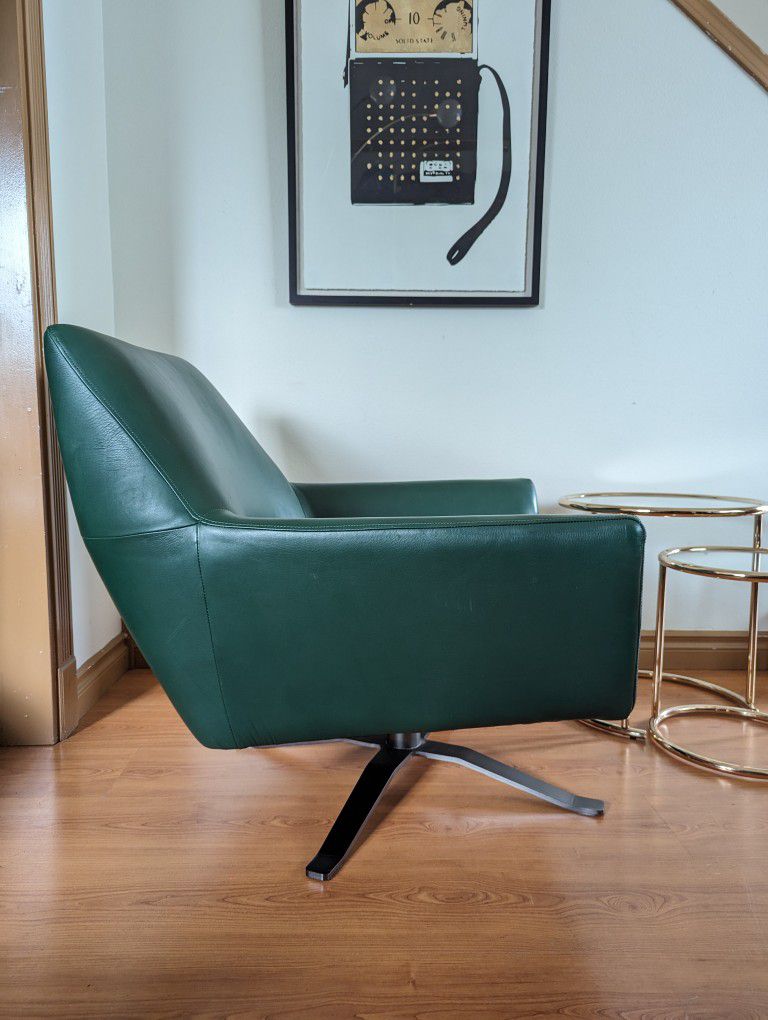 MCM Green Leather Lucas Model Swivel Lounge Chair by West Elm