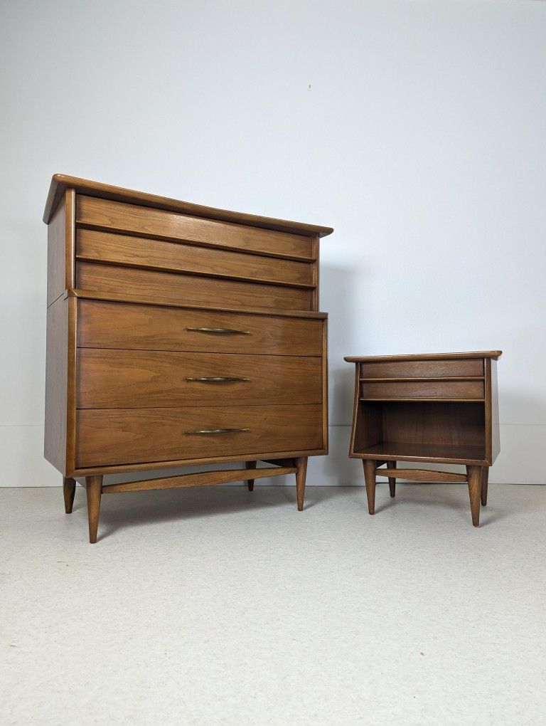 MCM Solid Walnut Highboy Dresser, Nightstand & Full Bed by Kent Coffey