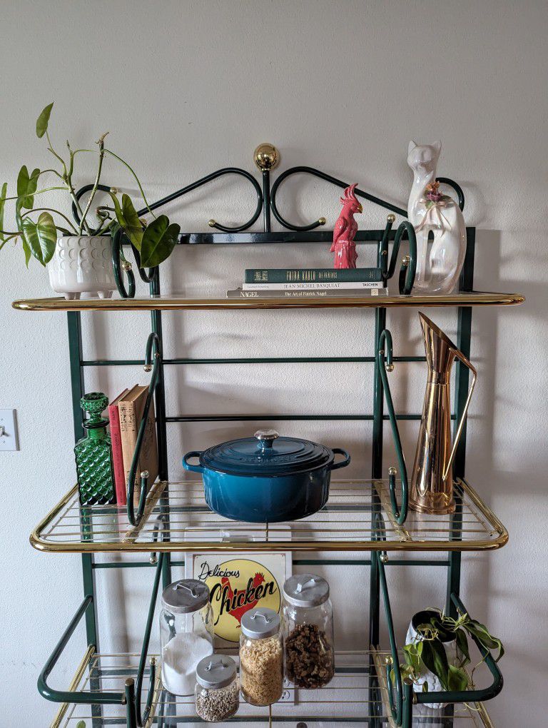 Vintage Postmodern Brass 4 Tiered Bakers Rack Bookshelf Display Etagere