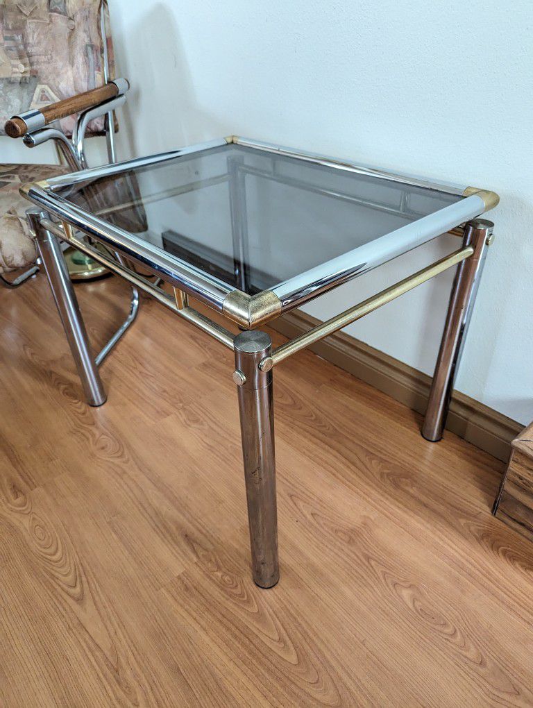 Vintage Milo Baughman Style Chrome, Brass & Smoked Glass End Table