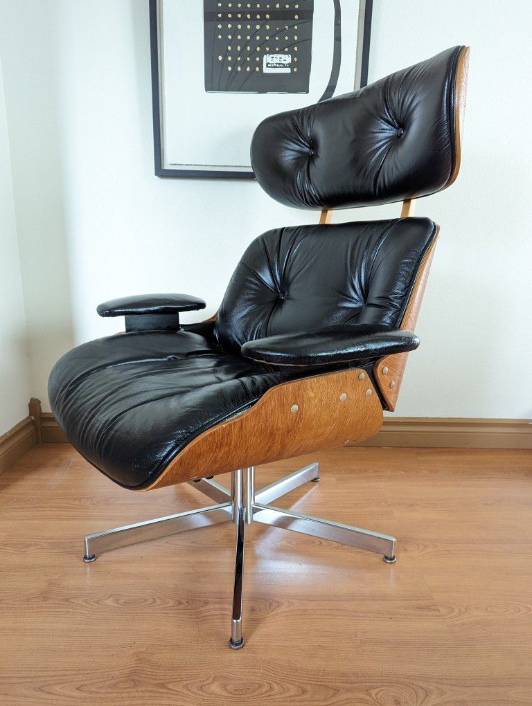 MCM Vintage Eames Black Leather Replica Lounge Chair & Ottoman