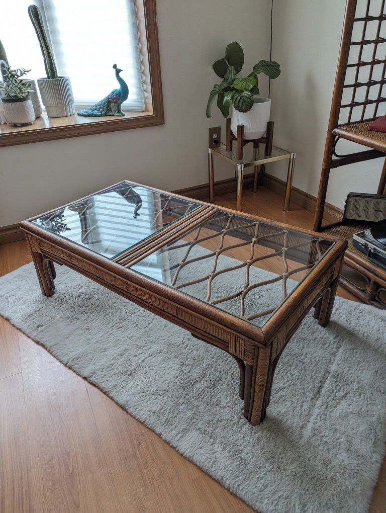 70's Mid Century Boho Bamboo & Rattan Glass Top Coffee Table