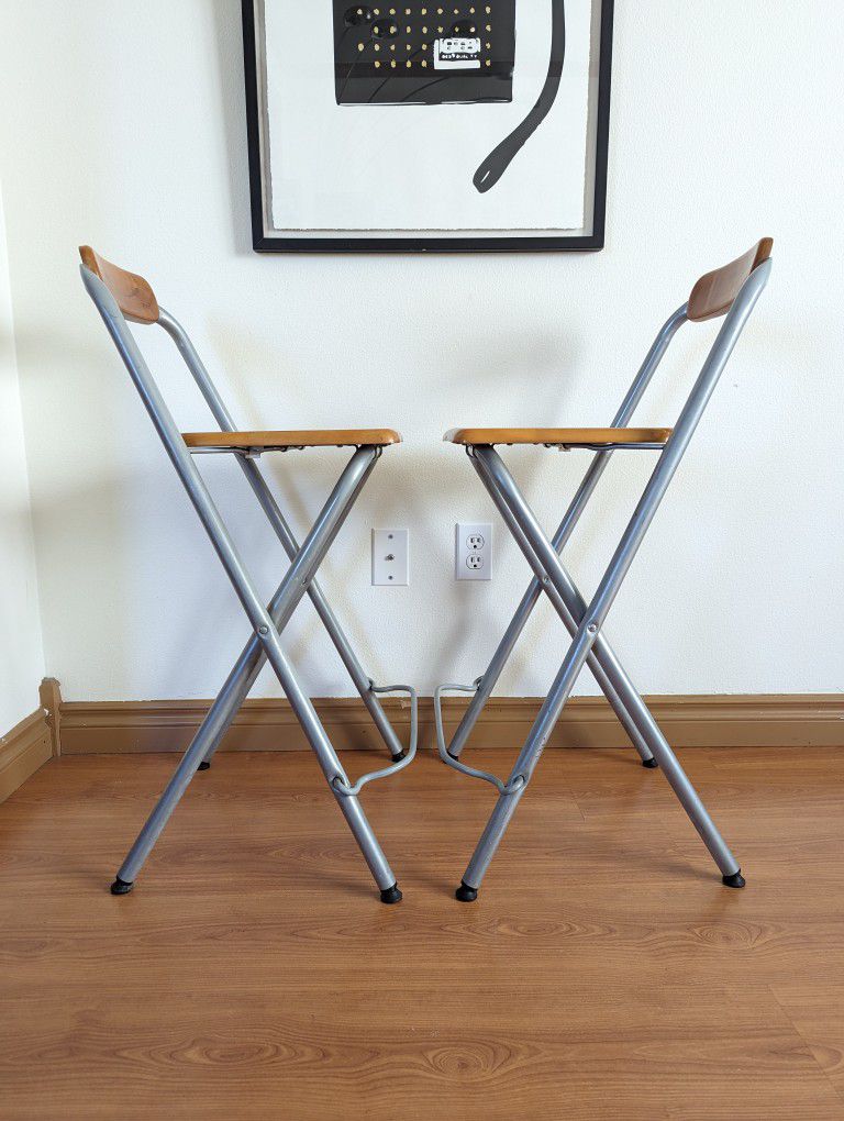 Vintage Pair of IKEA Dennis Folding Metal & Wood Bar Stools