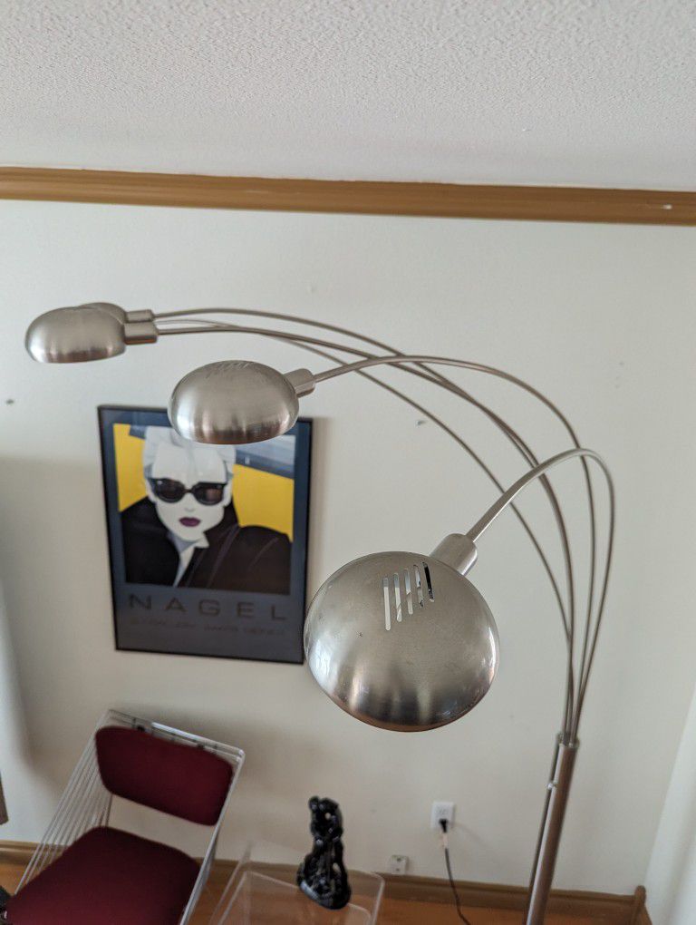 Cool Postmodern Vintage Memphis Style Silver Arc Lamp In Brushed Steel