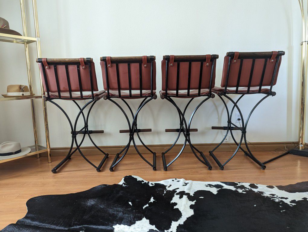 Mid Century Set of Wrought Iron & Wood Barstools