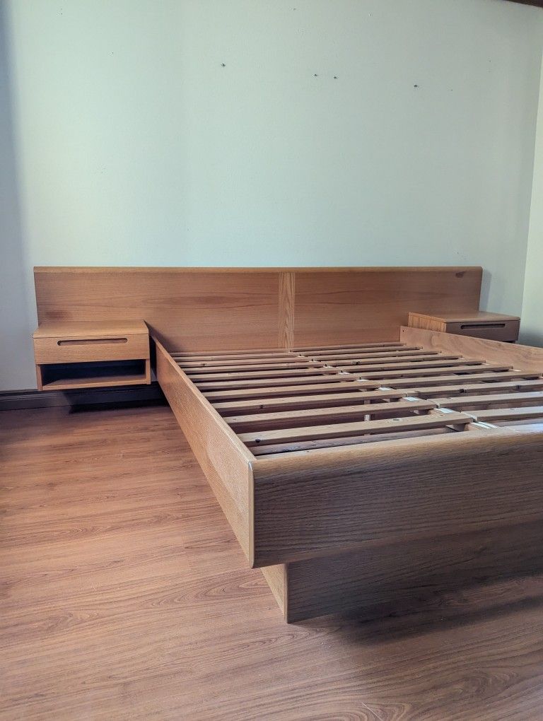 Mid Century Danish Modern Teak Bed Frame w/ Floating Nightstands by Jesper