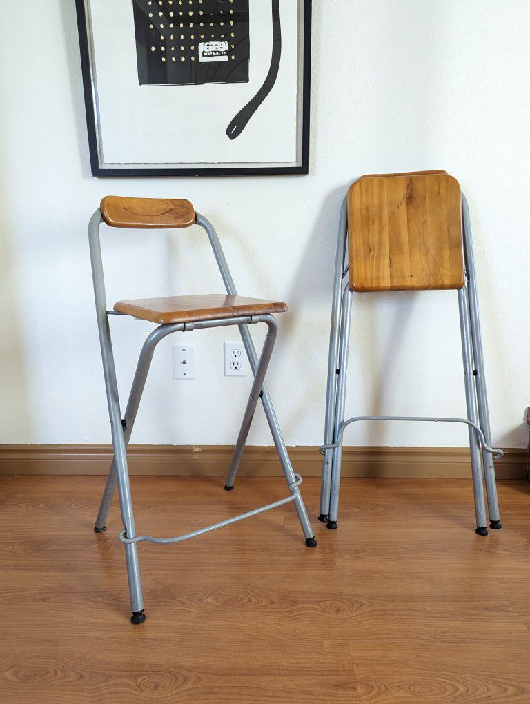 Vintage Pair of IKEA Dennis Folding Metal & Wood Bar Stools