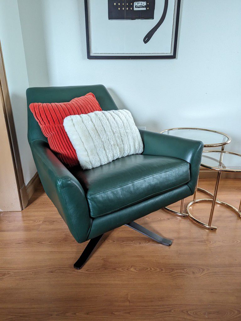 MCM Green Leather Lucas Model Swivel Lounge Chair by West Elm