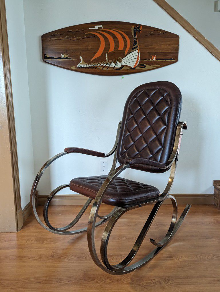 1970's French Chrome & Brown Leather Rocker by Maison Jansen