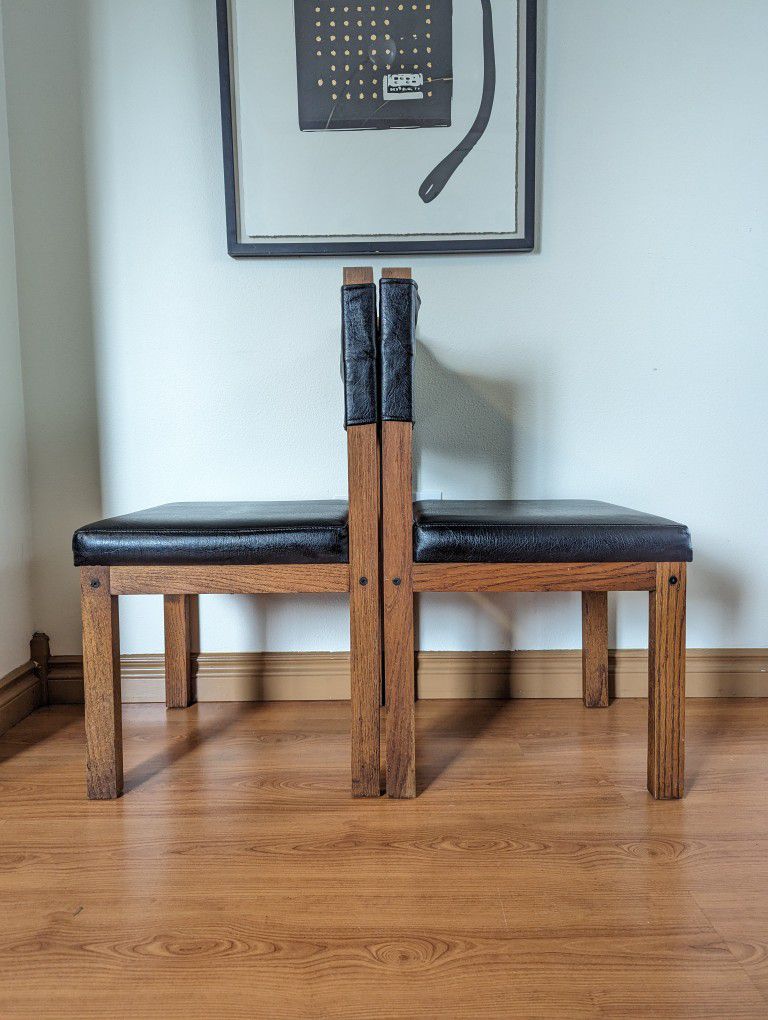 Vintage MCM Pair of Solid Oak & Black Faux Leather Sling Back Chairs $165 Each