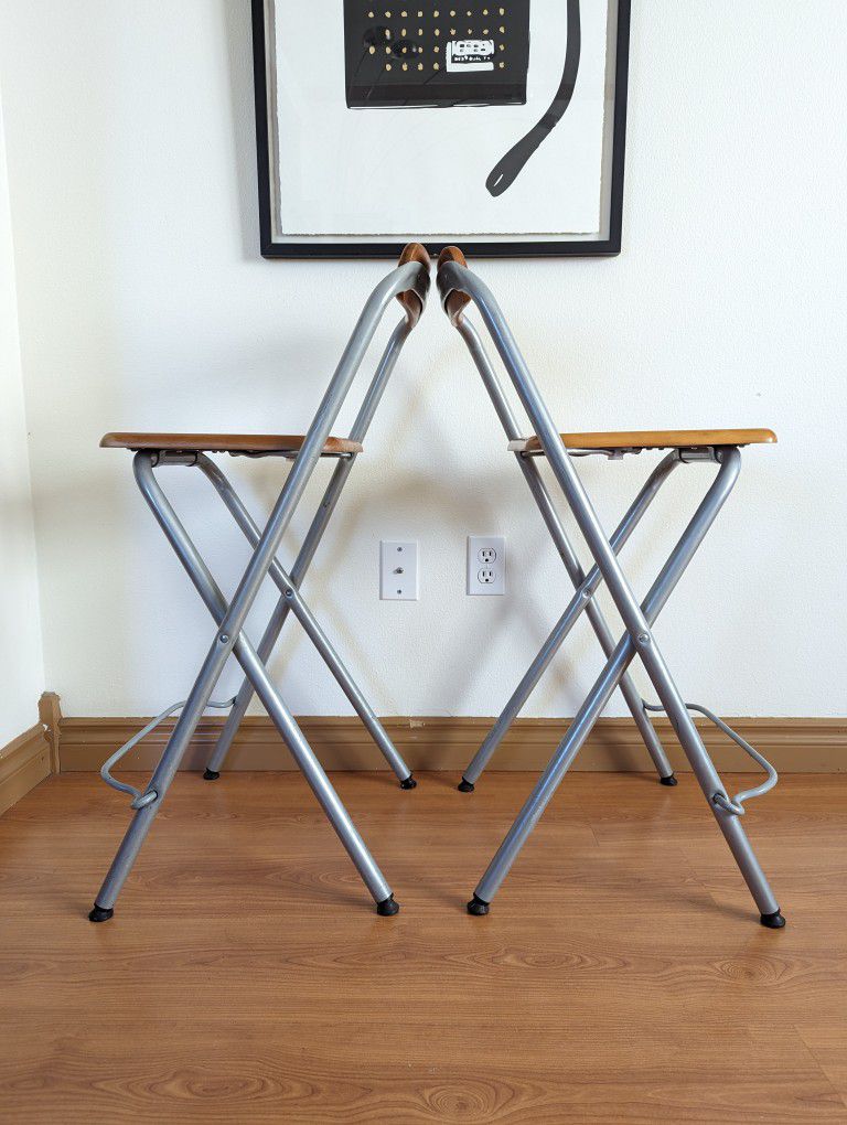 Vintage Pair of IKEA Dennis Folding Metal & Wood Bar Stools