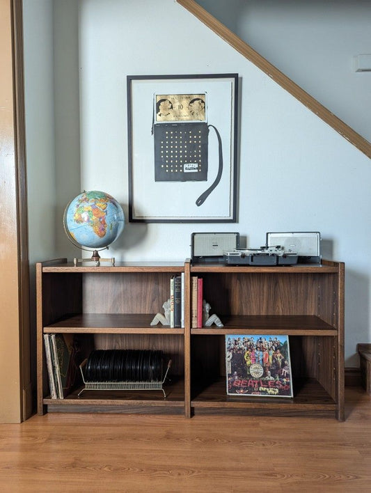 Mid Century Modern Walnut Double Bookshelf / Record Player Stand & Storage