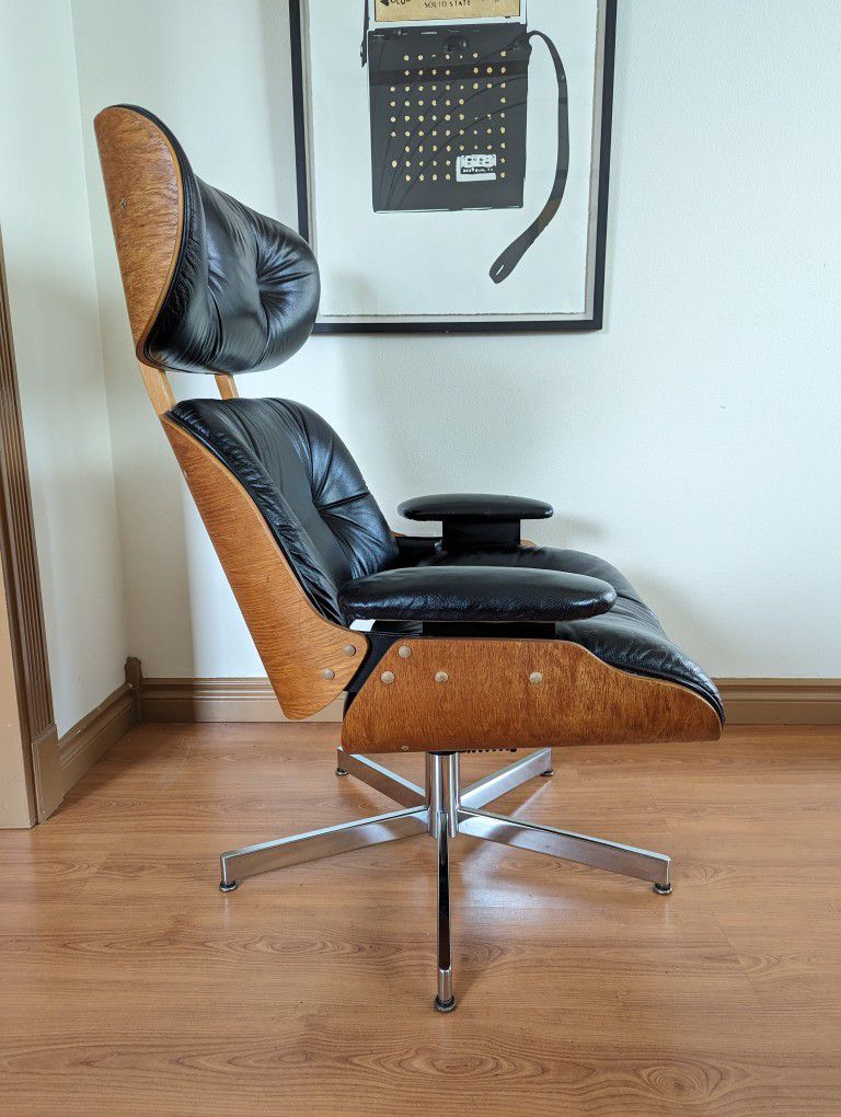 MCM Vintage Eames Black Leather Replica Lounge Chair & Ottoman