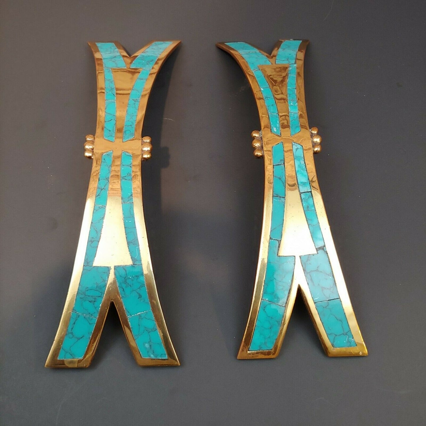 Rare & Beautiful Los Castillo Taxco Large 8" Brass & Inlaid Turquoise Handles