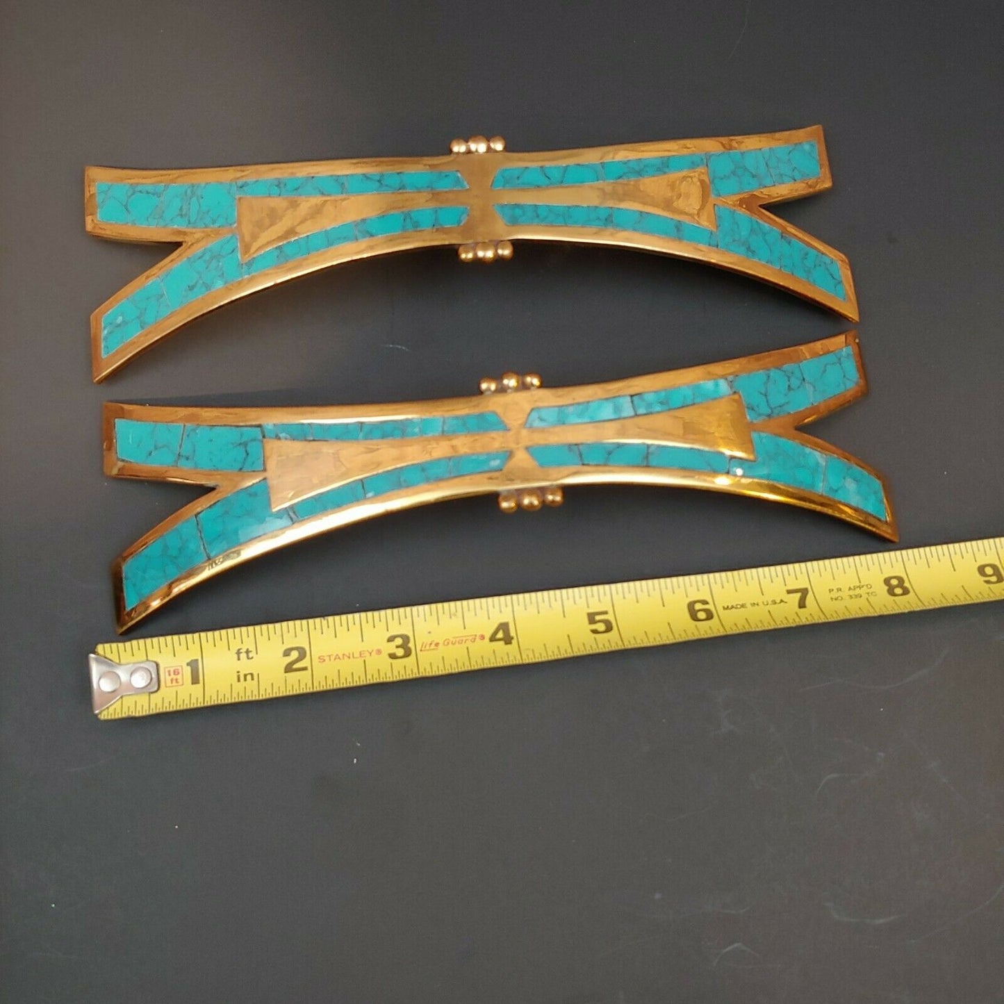 Rare & Beautiful Los Castillo Taxco Large 8" Brass & Inlaid Turquoise Handles